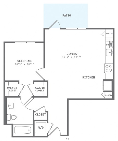 Floor plan for 1 bed, 1 bath, 710 sqft